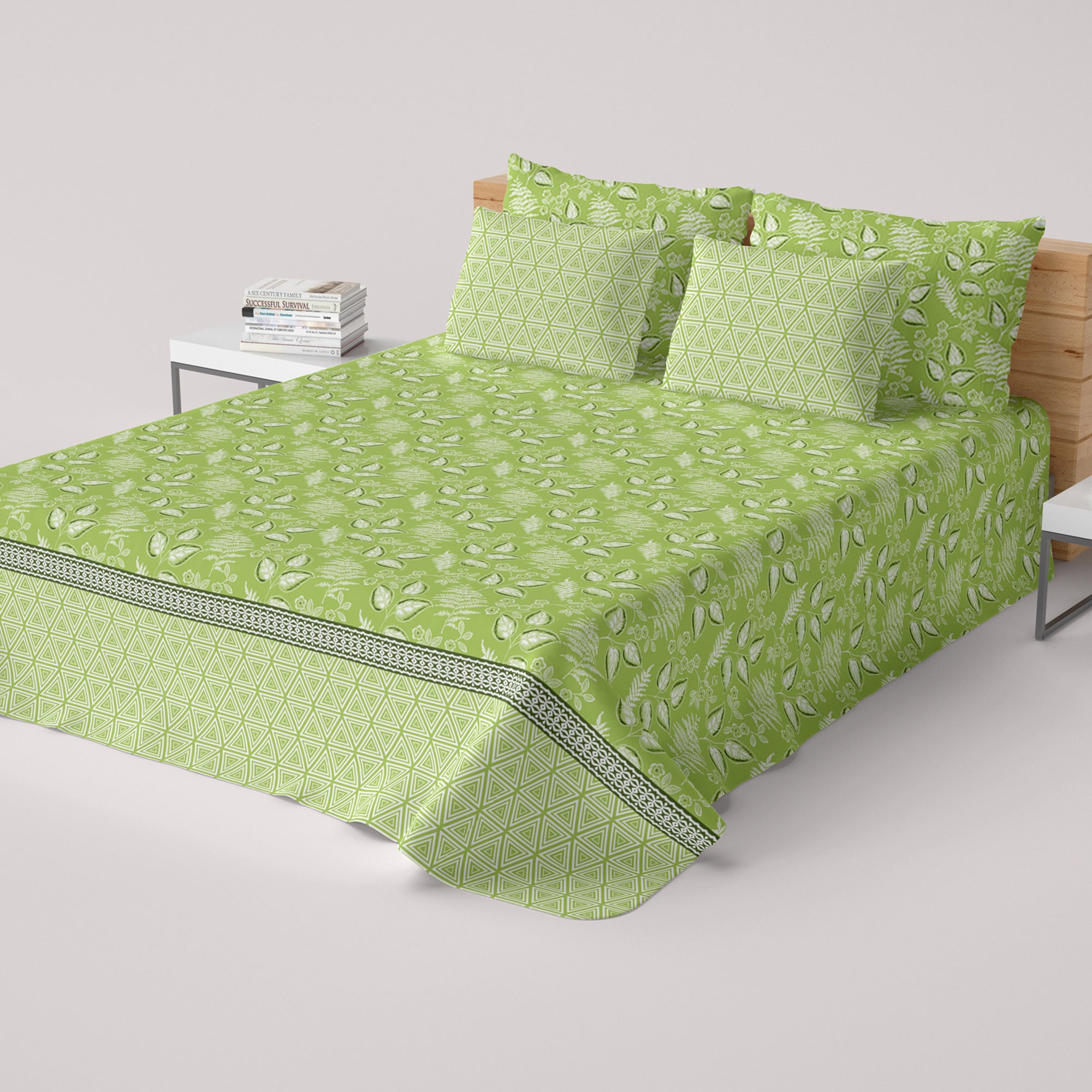 Xara Green Leaf Geometric Grid Bed Sheet Set - 8410-11