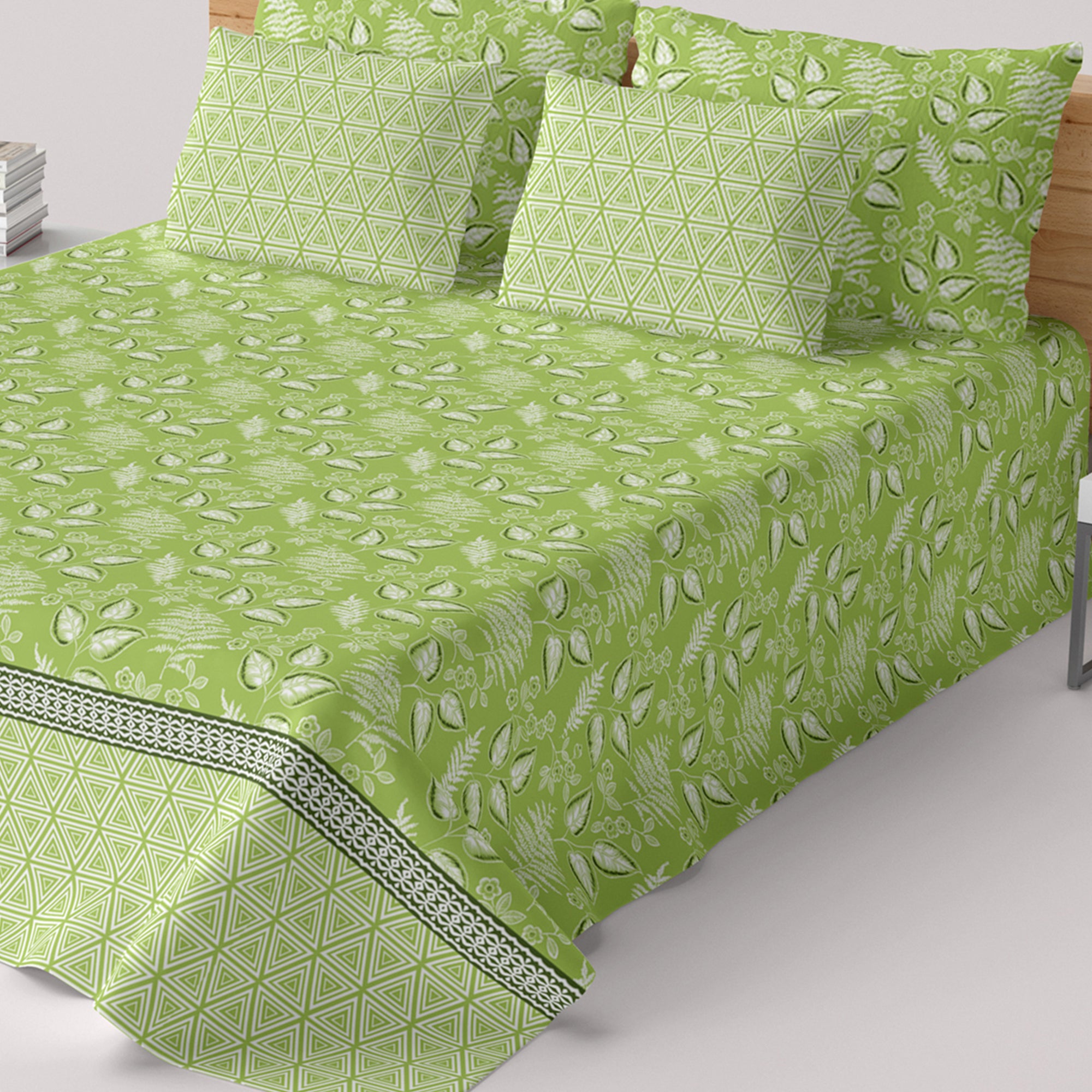 Xara Green Leaf Geometric Grid Bed Sheet Set - 8410-11