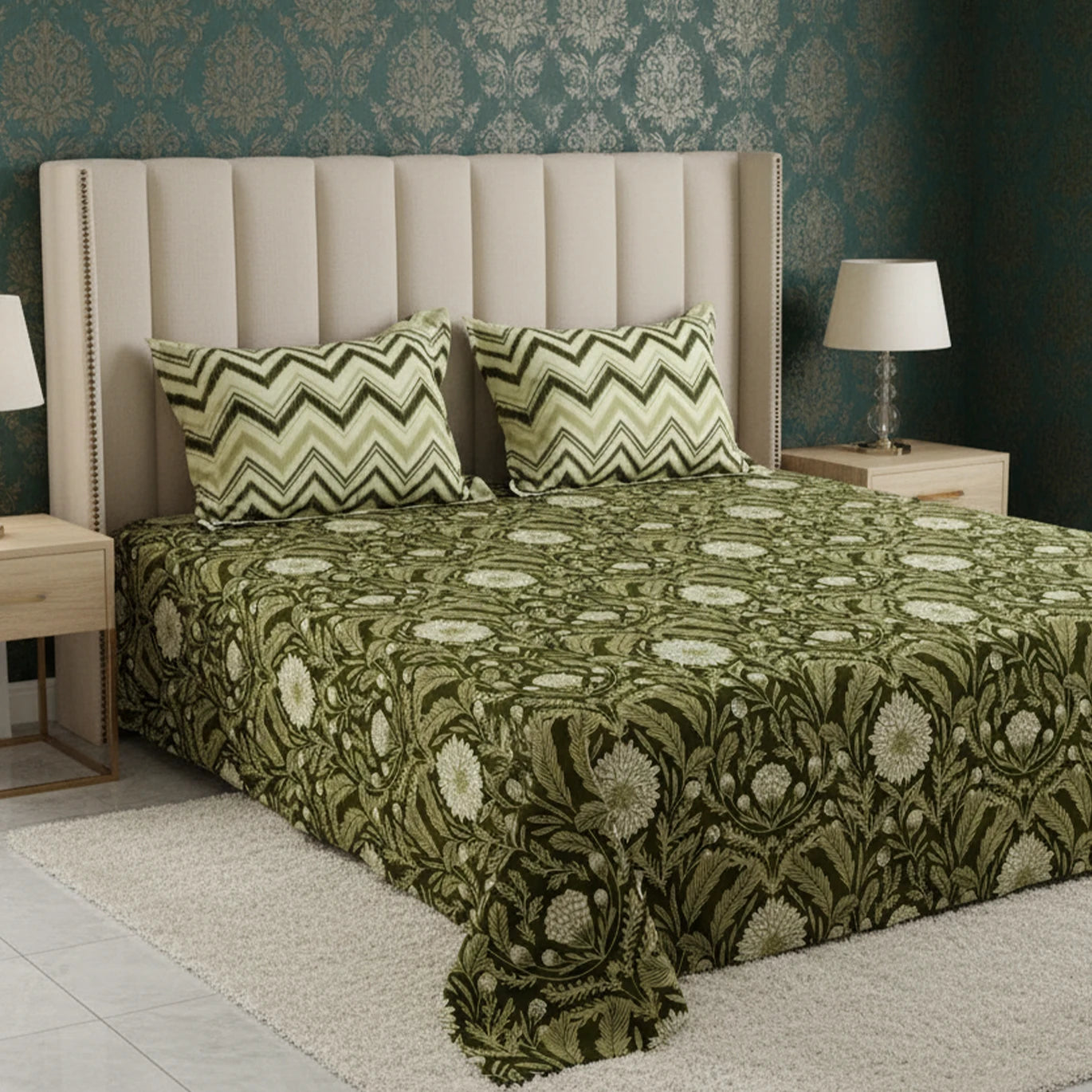 Xara Green Zigzag Chevron Bed Sheet Set - 8559-60
