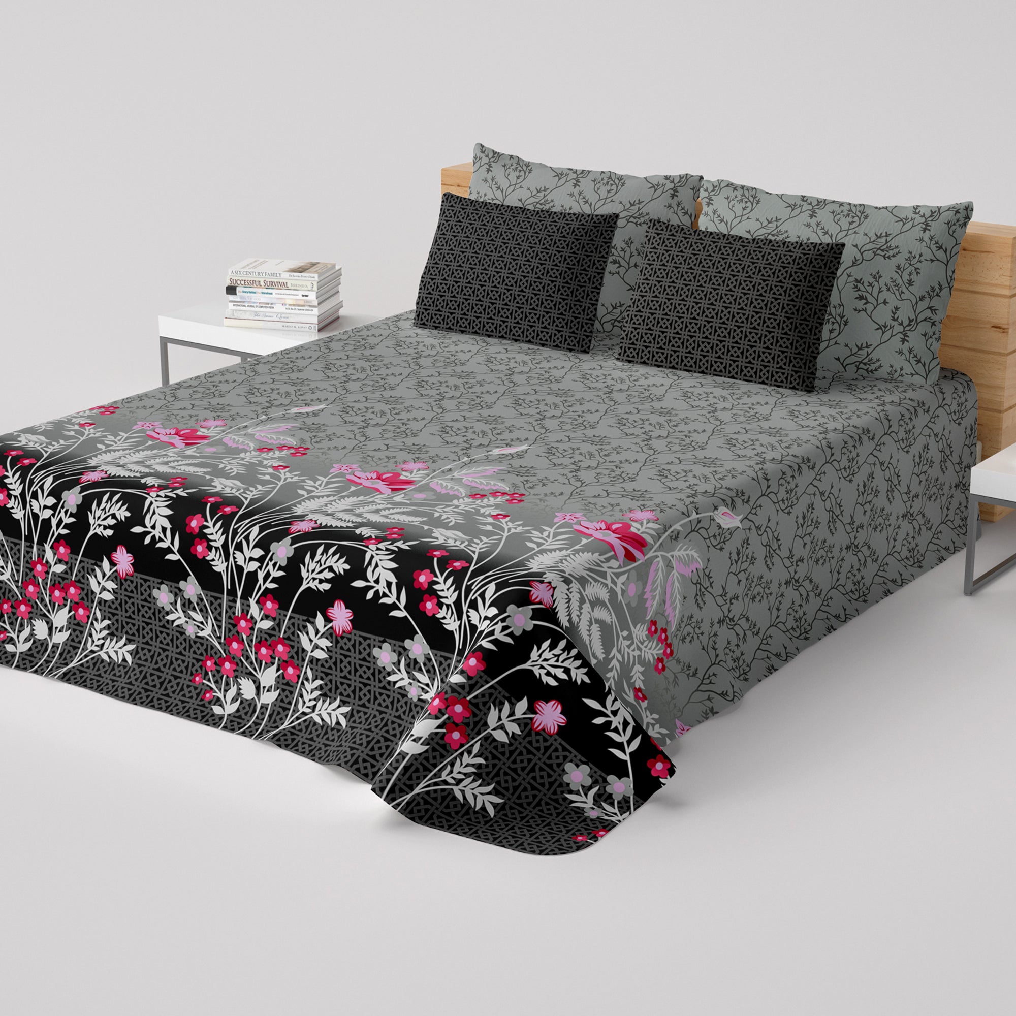 Xara Grey/Black Floral Geometric Bed Sheet Set - 8046-8047