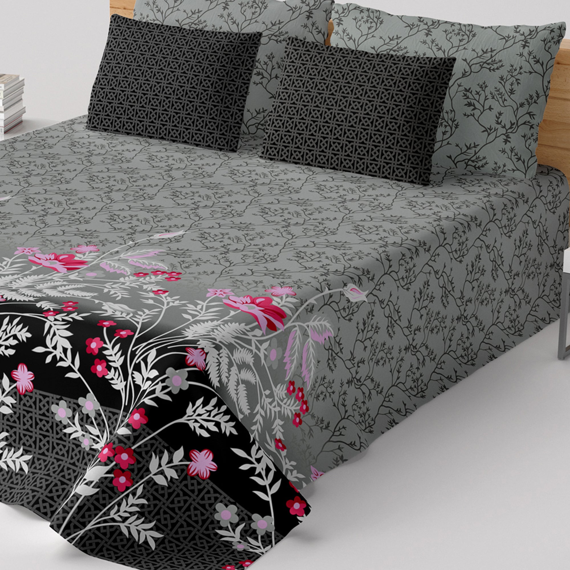 Xara Grey/Black Floral Geometric Bed Sheet Set - 8046-8047