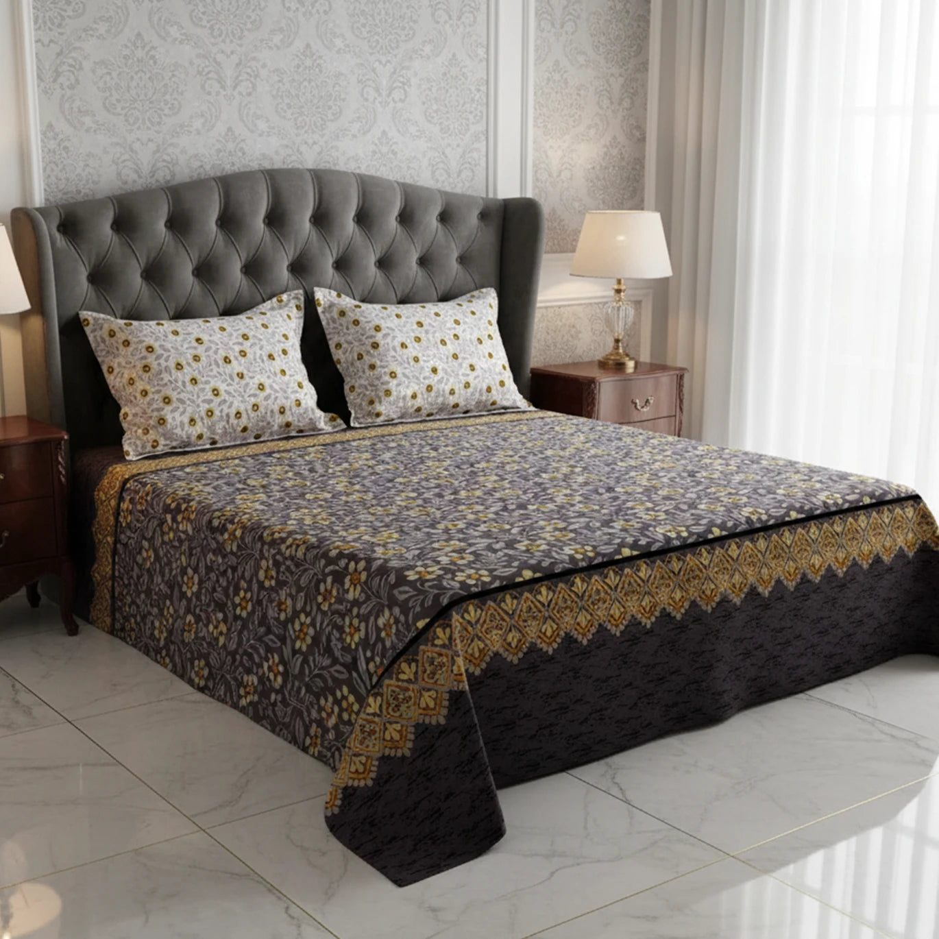Xara Grey Floral Stripe Bed Sheet Set - 8473-74
