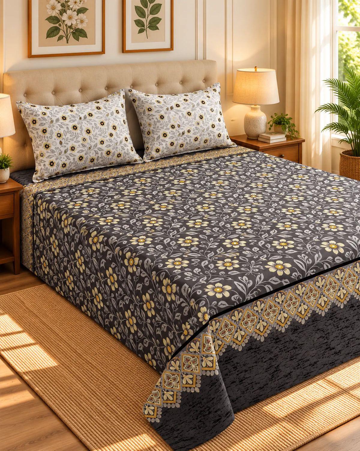 Xara Grey Floral Stripe Bed Sheet Set