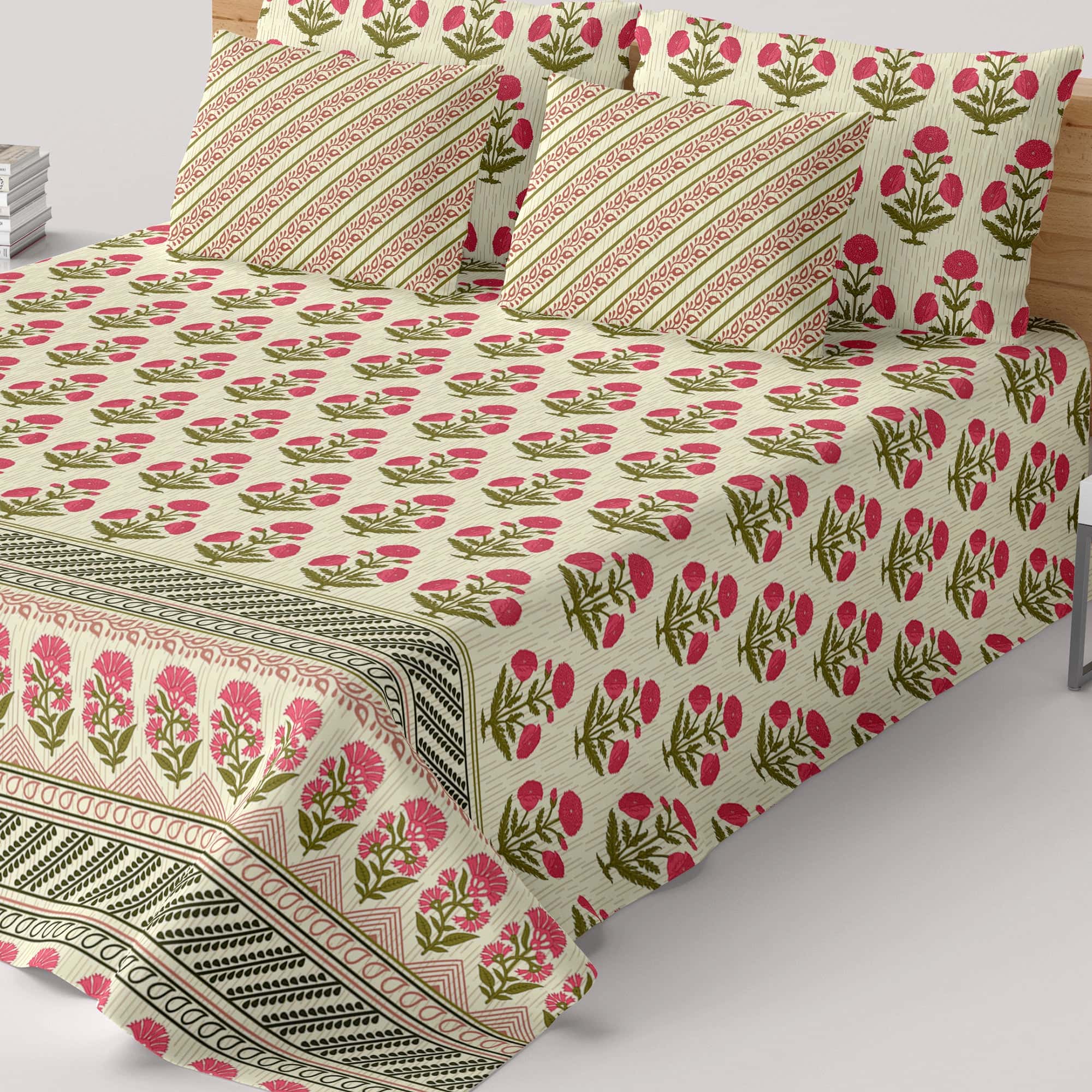 Xara Light Beige Floral Bunch Bed Sheet Set with Diagonal Lines - 8269-8270 Secondary image
