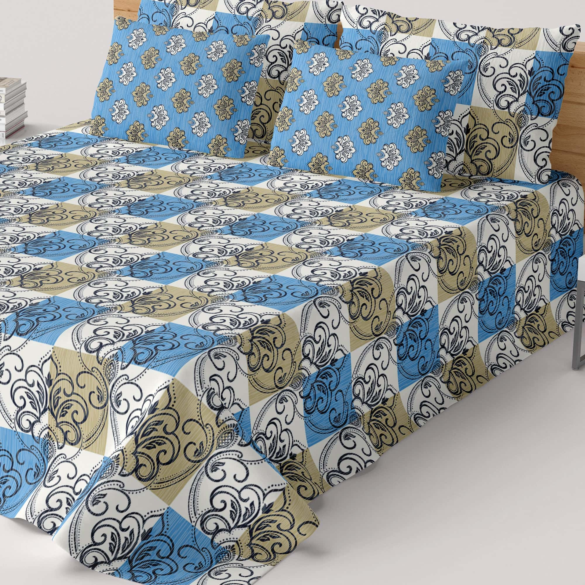 Xara Light Blue/Grey Geometric Floral Bed Sheet Set - 8161-8162