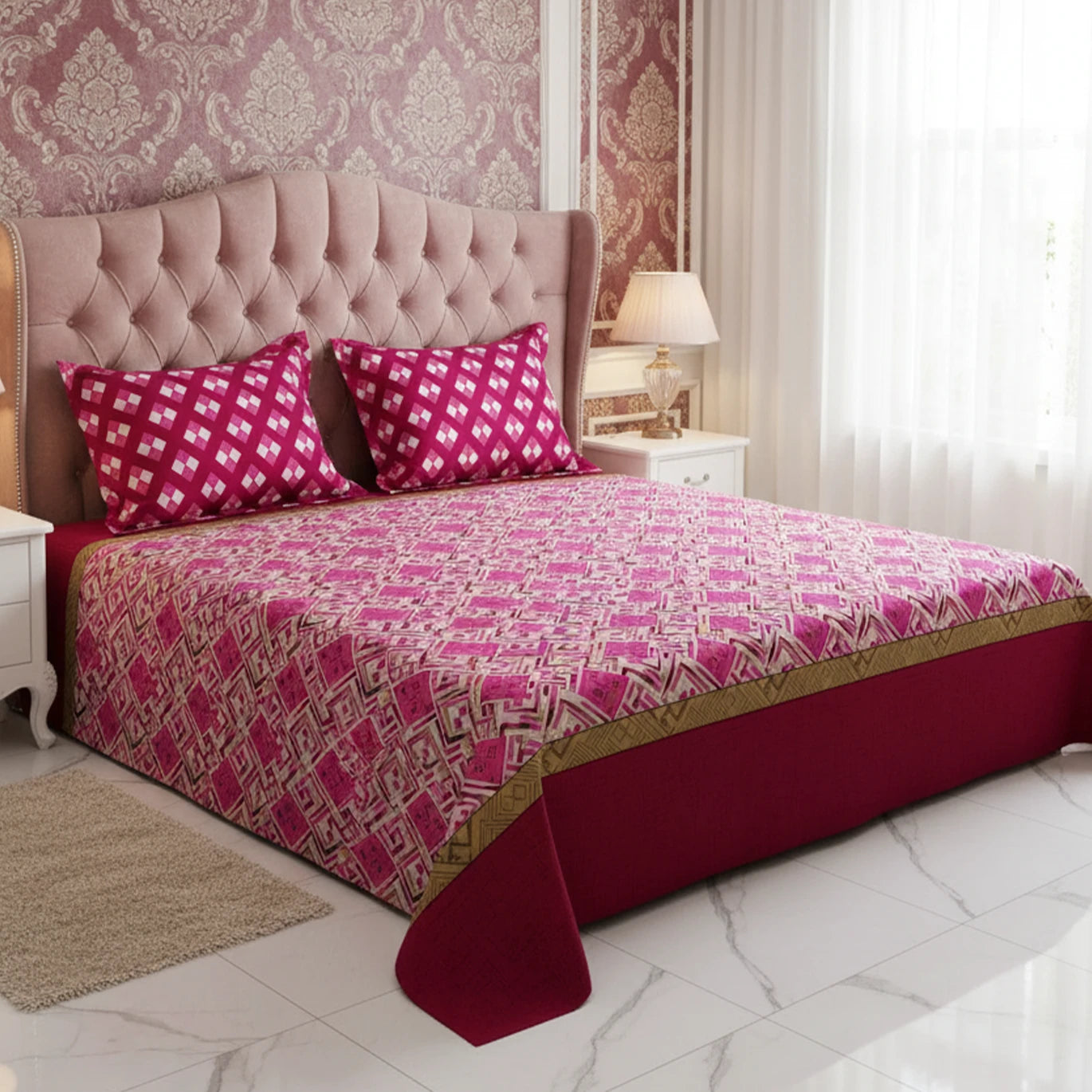 Xara Maroon Geometric Grid Bed Sheet Set with Striped Border - 8526-27