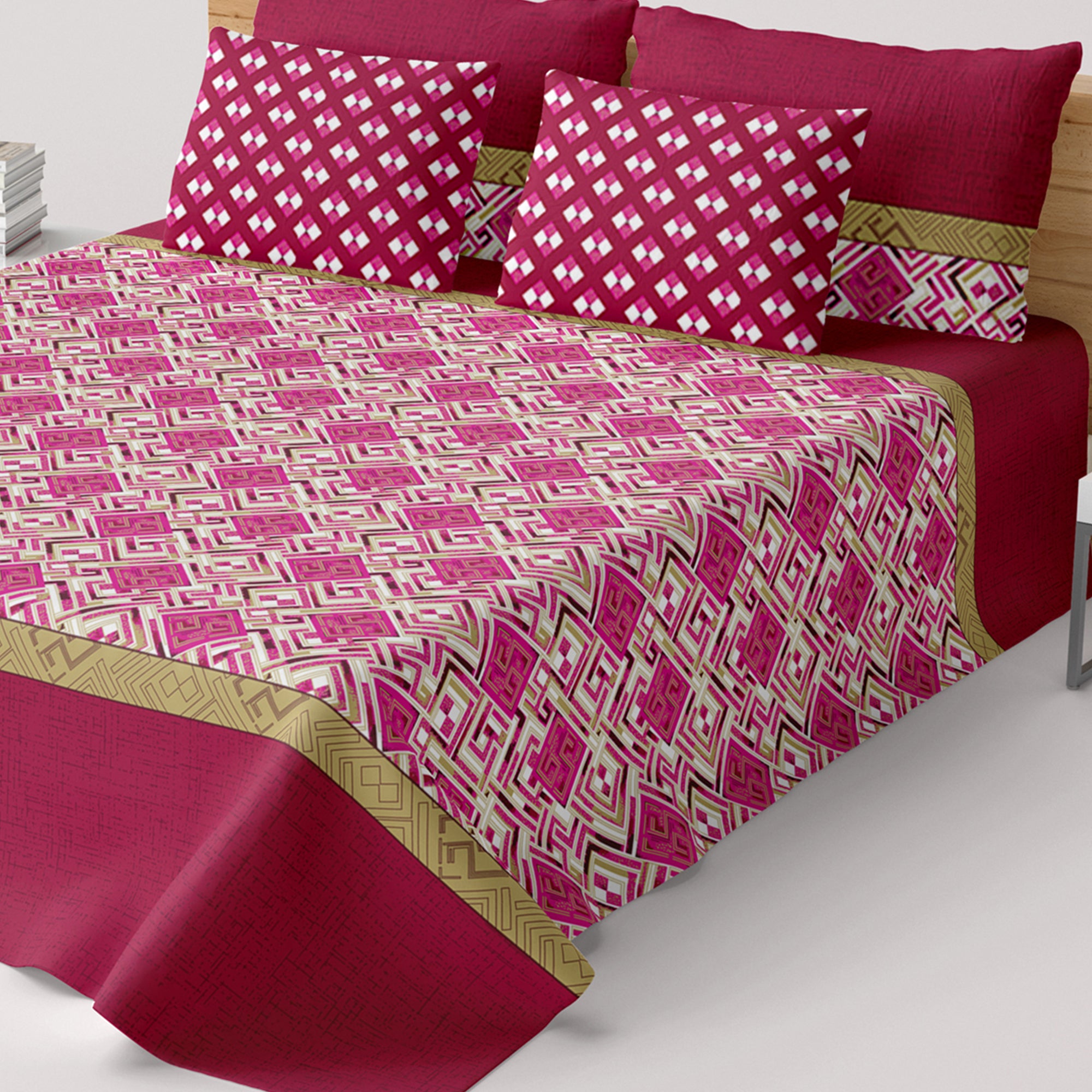 Xara Maroon Geometric Grid Bed Sheet Set with Striped Border - 8526-27