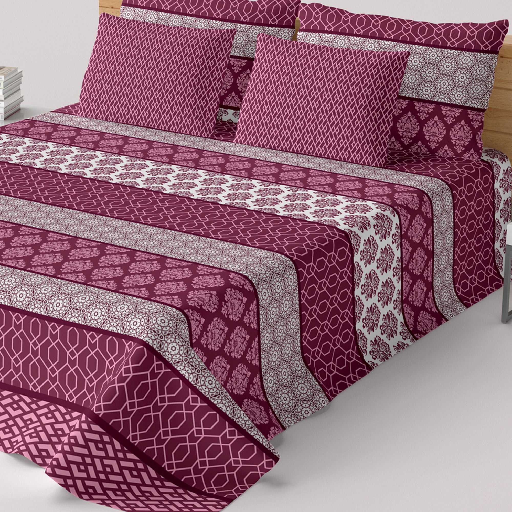 Xara Maroon Striped Geometric Bed Sheet Set - 8367-68