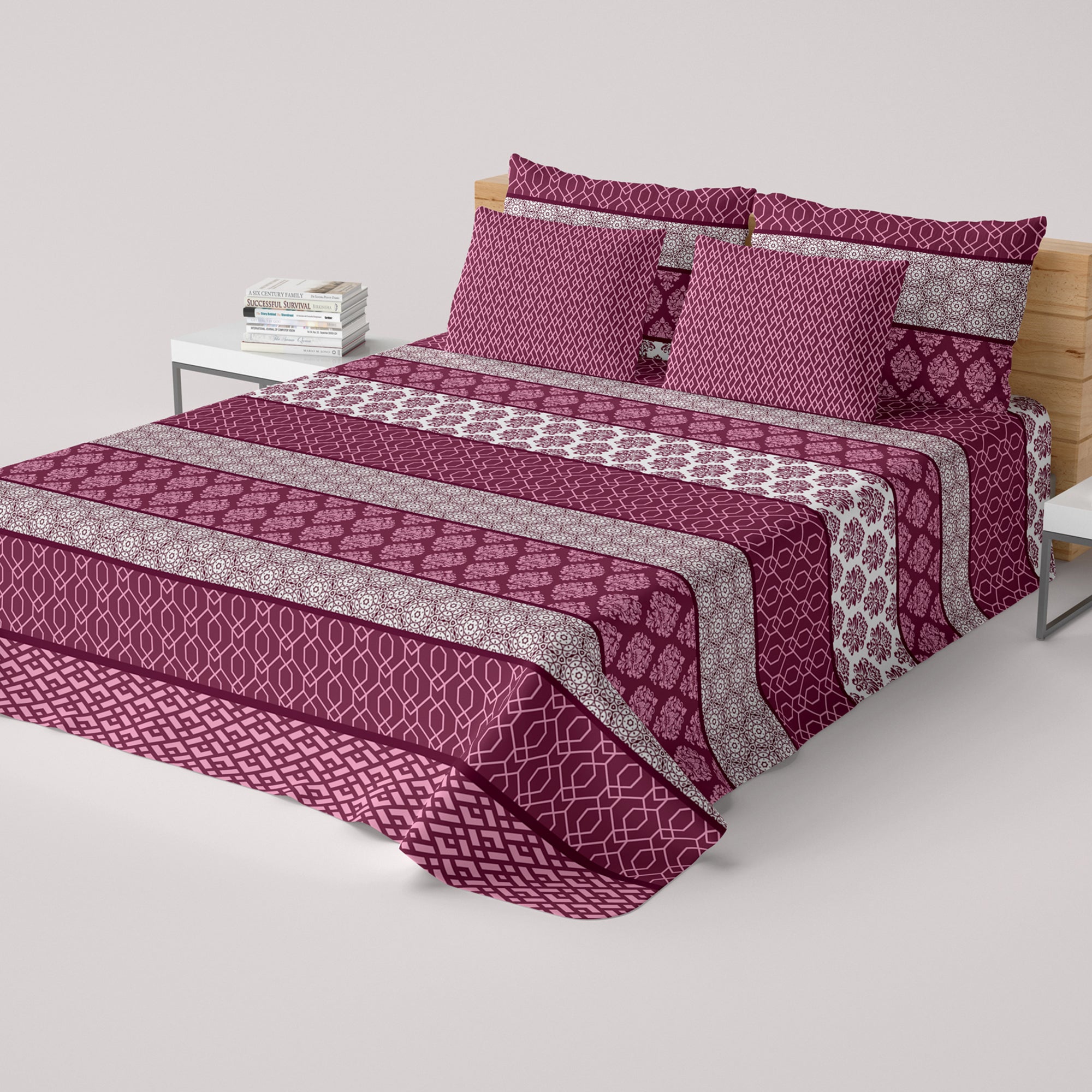 Xara Maroon Striped Geometric Bed Sheet Set - 8367-68