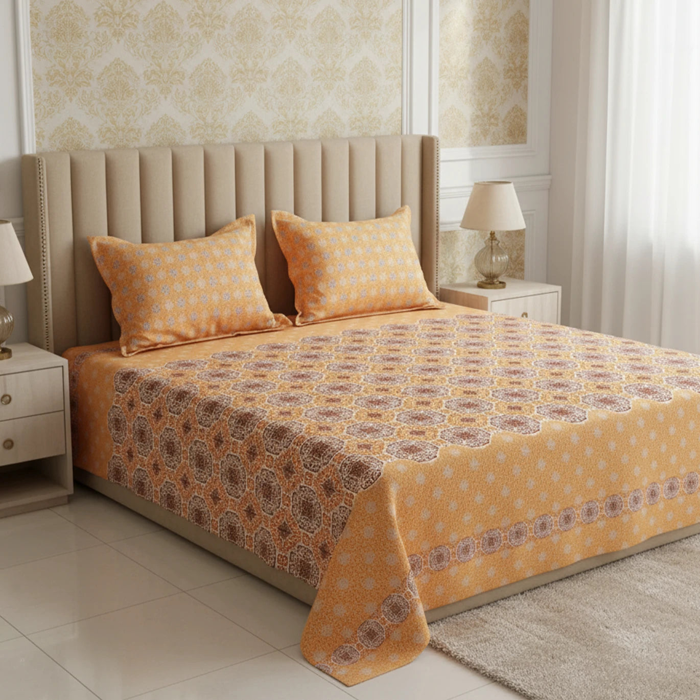 Xara Mustard Yellow Floral Bed Sheet Set with Striped Border - 8507-08