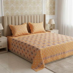 Xara Mustard Yellow Floral Bed Sheet Set with Striped Border