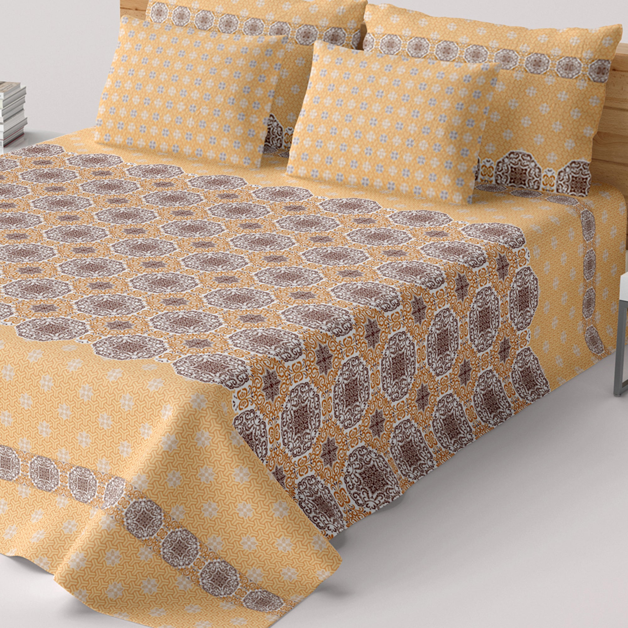 Xara Mustard Yellow Floral Bed Sheet Set with Striped Border - 8507-08