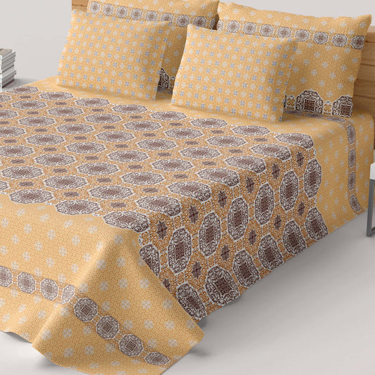 Xara Mustard Yellow Floral Bed Sheet Set with Striped Border - 8507-08