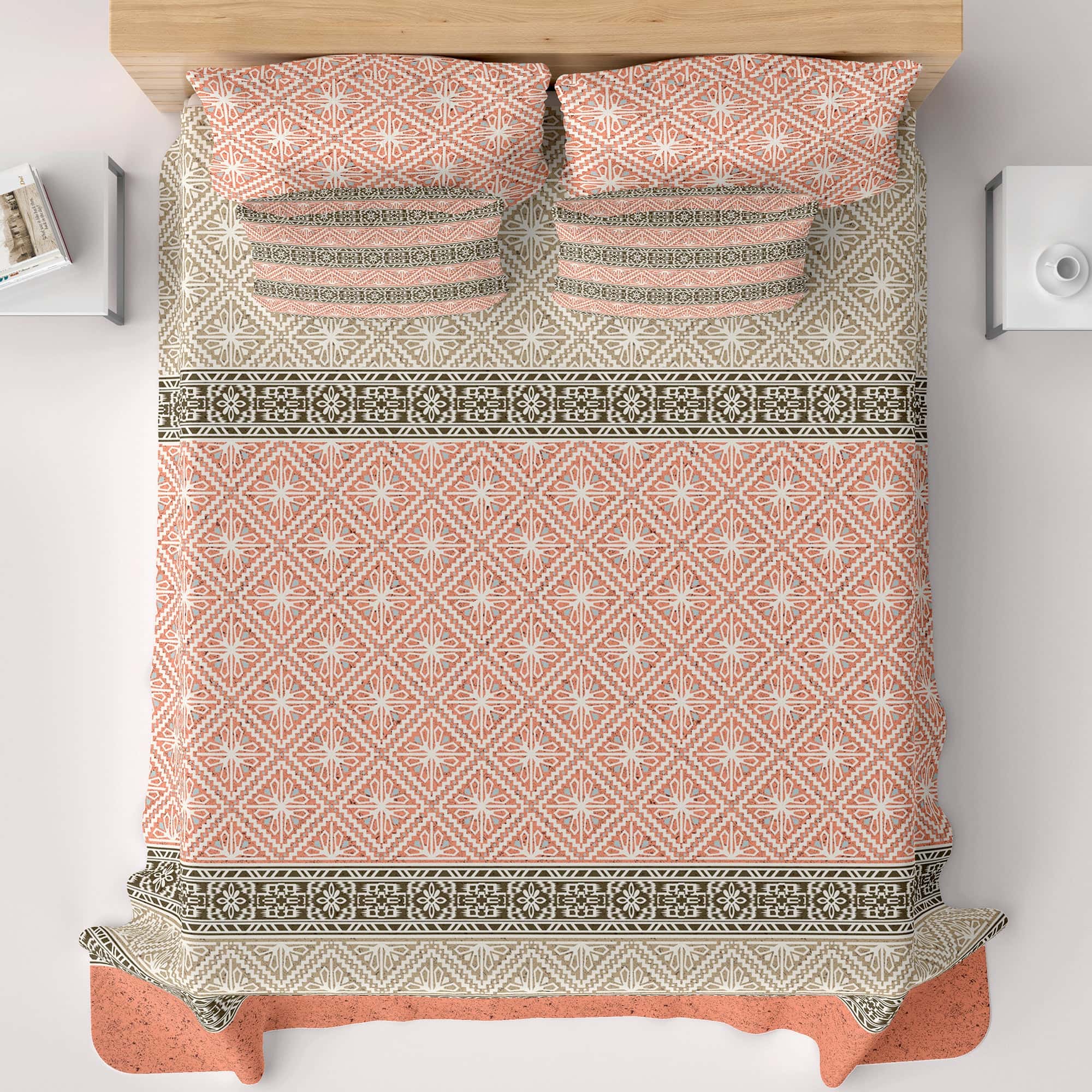 Xara Peach L-Brown Geometric Shapes Bed Sheet Set - 7310-7311