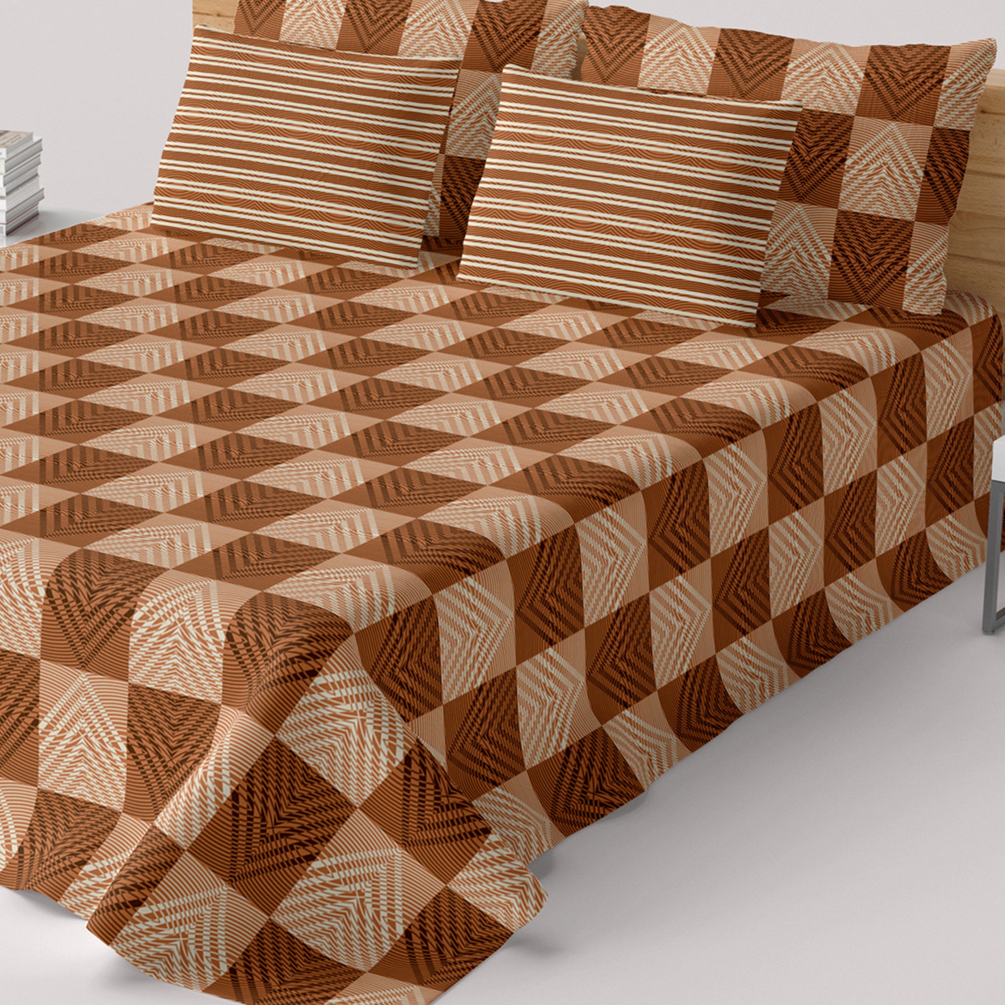 Xara Peach Orange Geometric Bed Sheet Set with Striped Pillows - 8060-8061