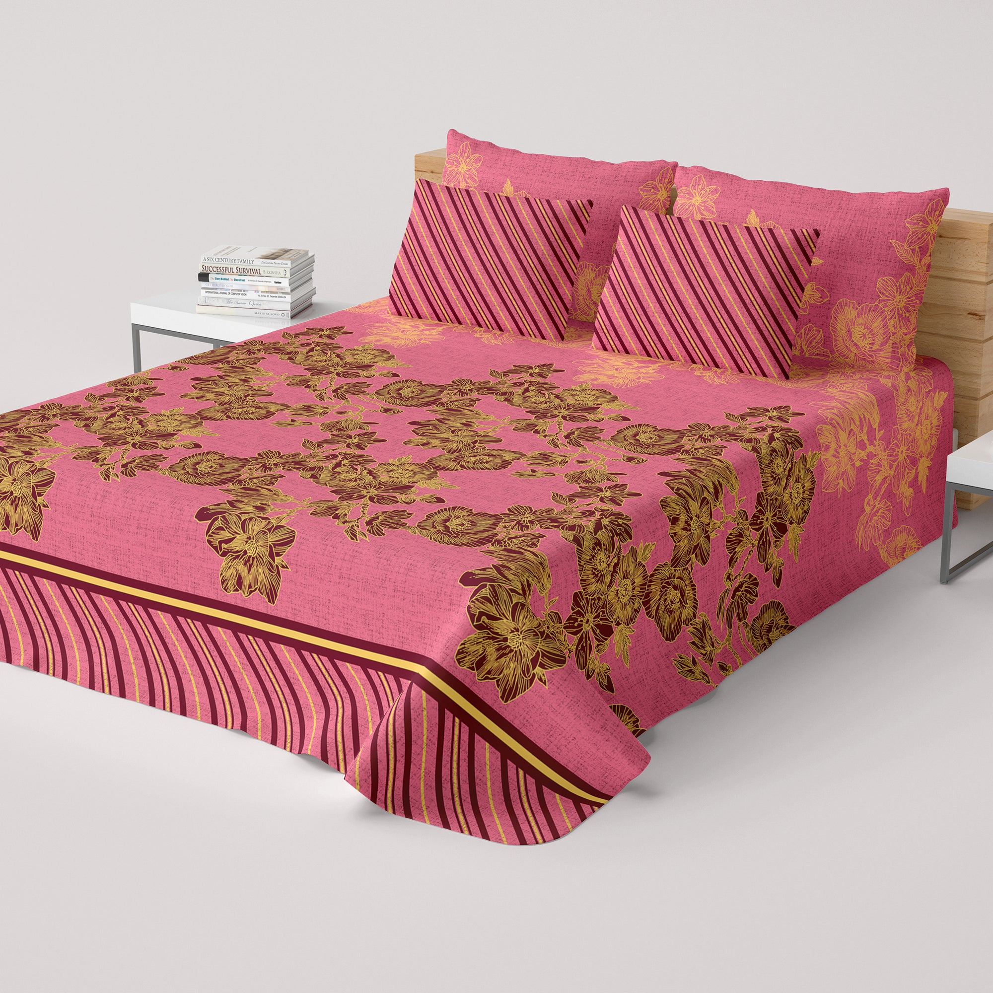 Xara Pink Floral Stripe Bed Sheet Set - 8143-8144