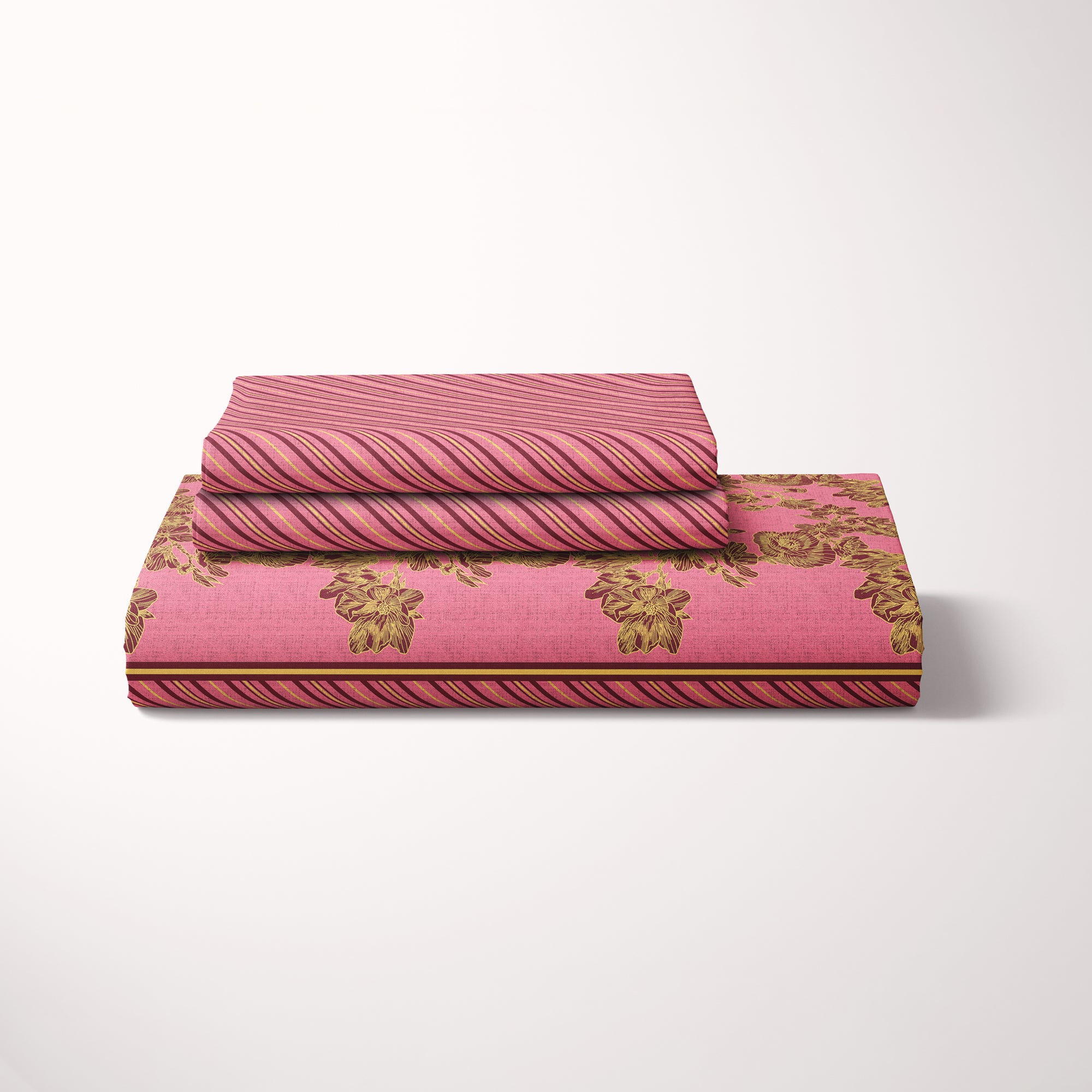 Xara Pink Floral Stripe Bed Sheet Set - 8143-8144