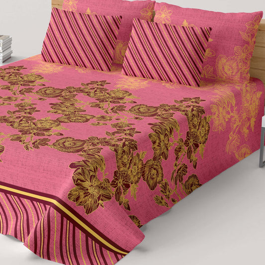 Xara Pink Floral Stripe Bed Sheet Set - 8143-8144