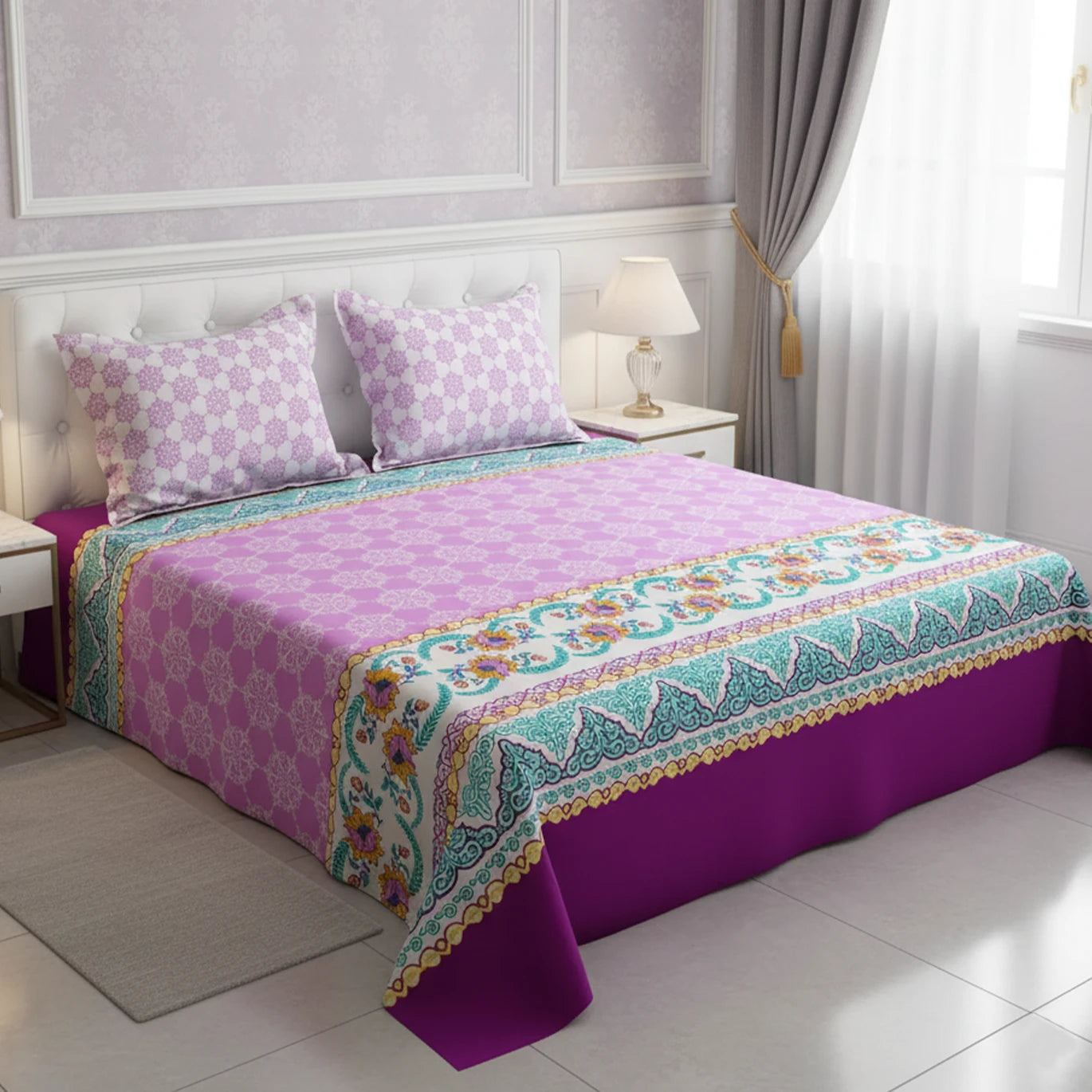 Xara Purple Floral Striped Border Bed Sheet Set - 8524-25