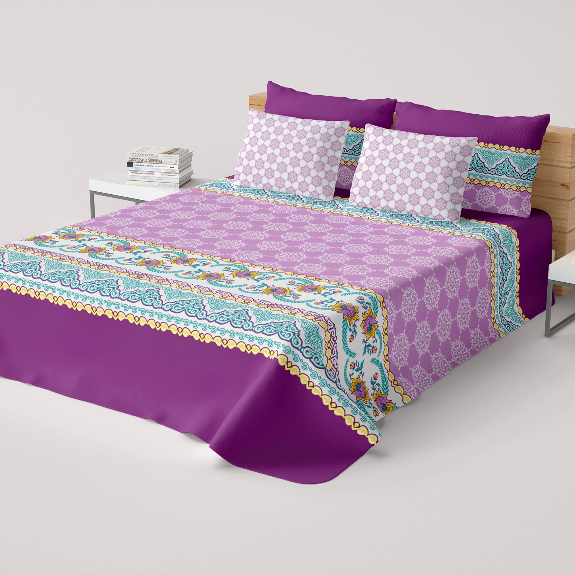 Xara Purple Floral Striped Border Bed Sheet Set - 8524-25