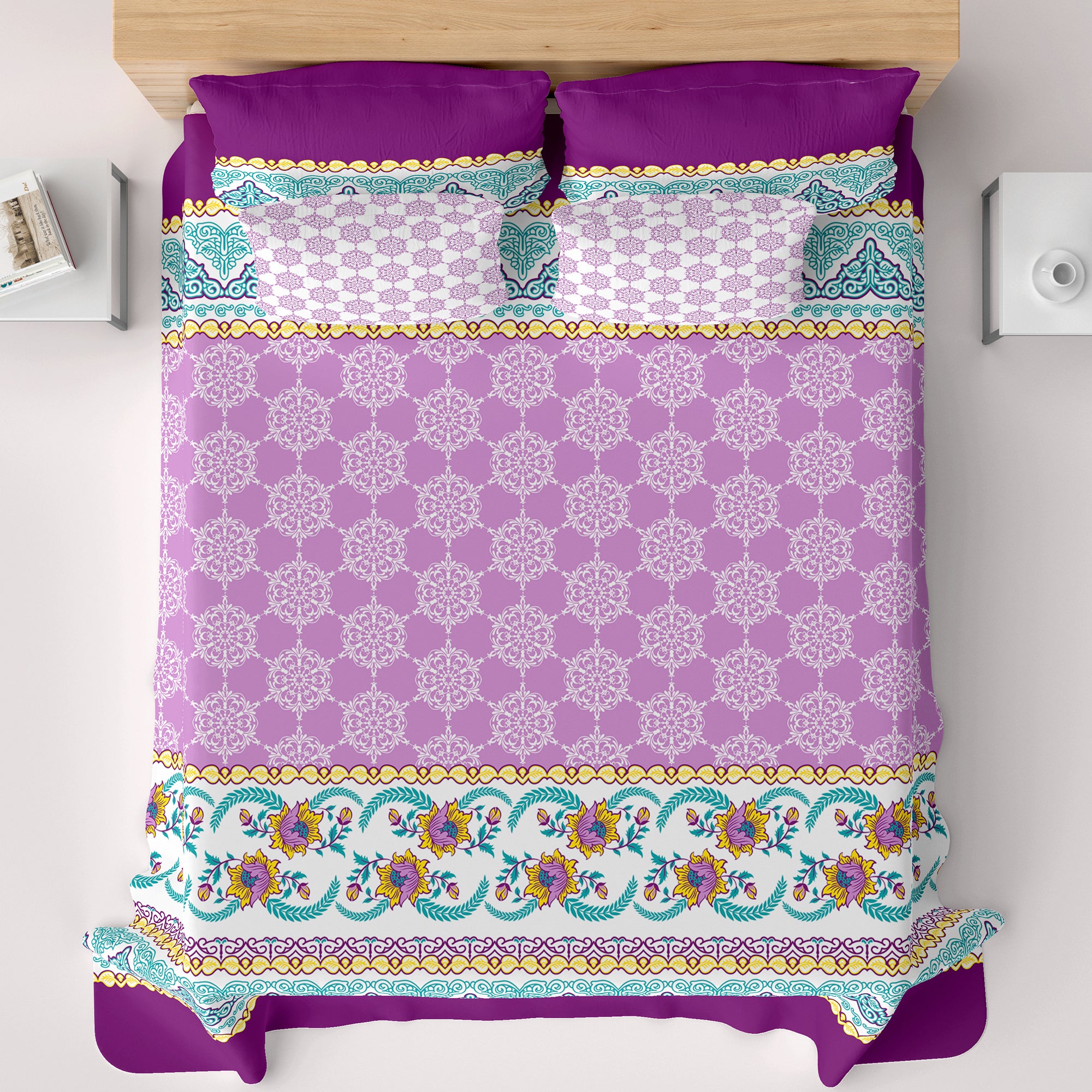 Xara Purple Floral Striped Border Bed Sheet Set - 8524-25