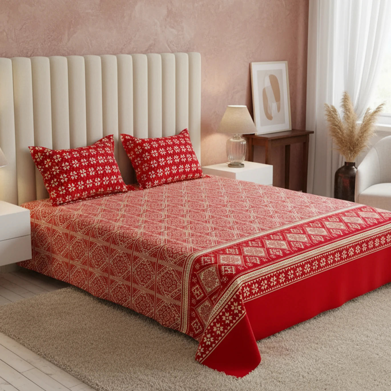 Xara Red Geometric Bed Sheet Set - 8585-8586