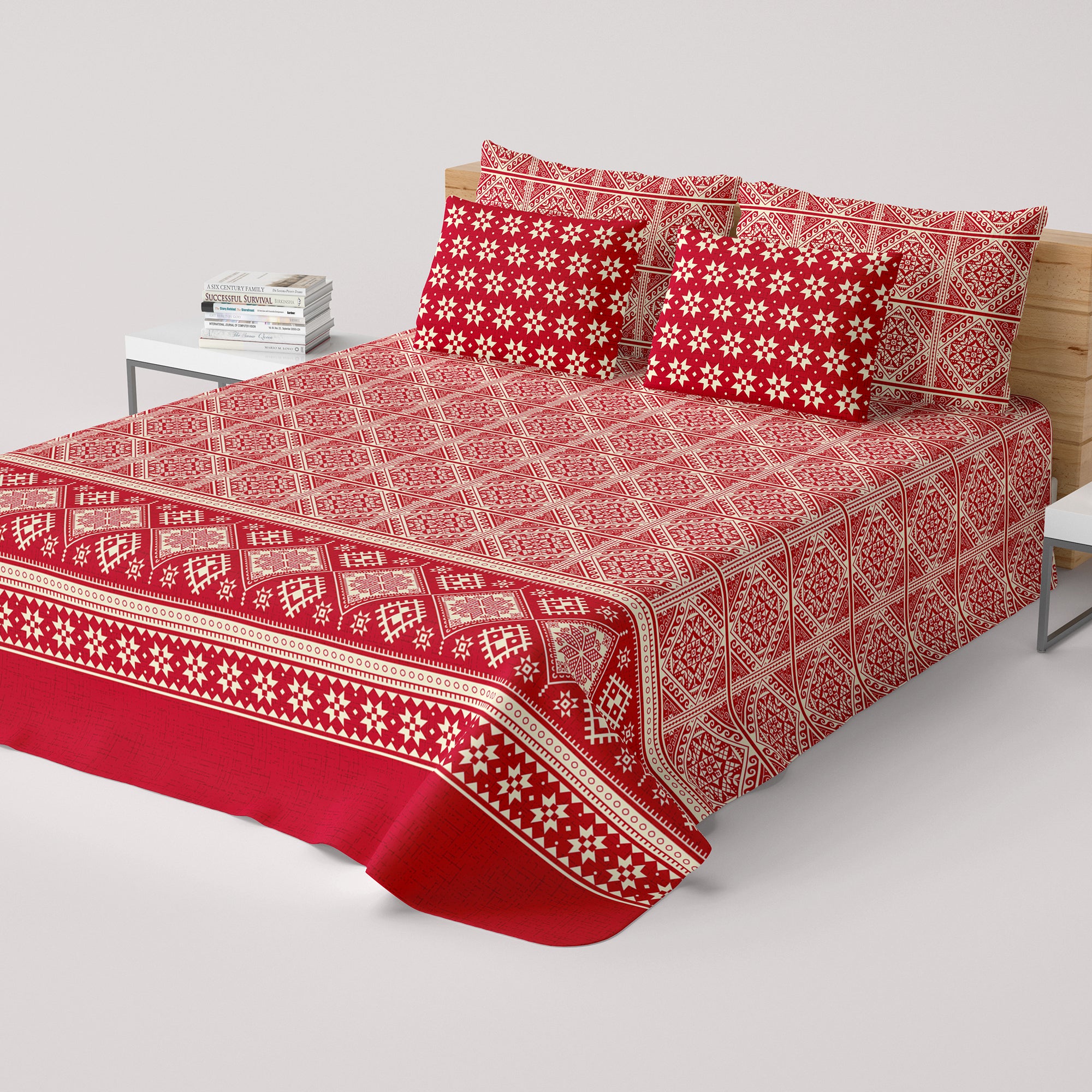 Xara Red Geometric Bed Sheet Set - 8585-8586