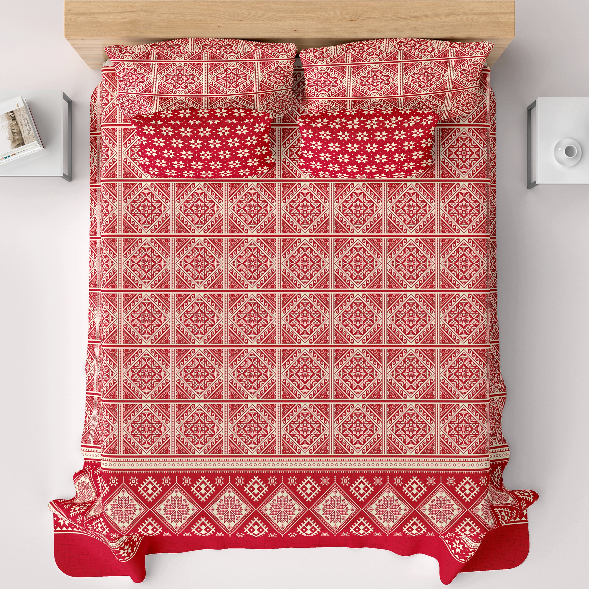 Xara Red Geometric Bed Sheet Set - 8585-8586