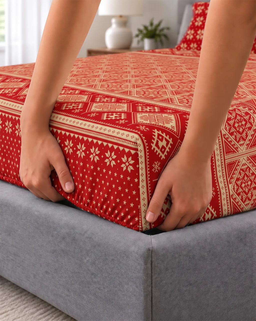 Xara Red Geometric Fitted Bed Sheet Set