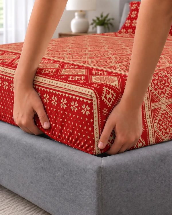 Xara Red Geometric Fitted Bed Sheet Set