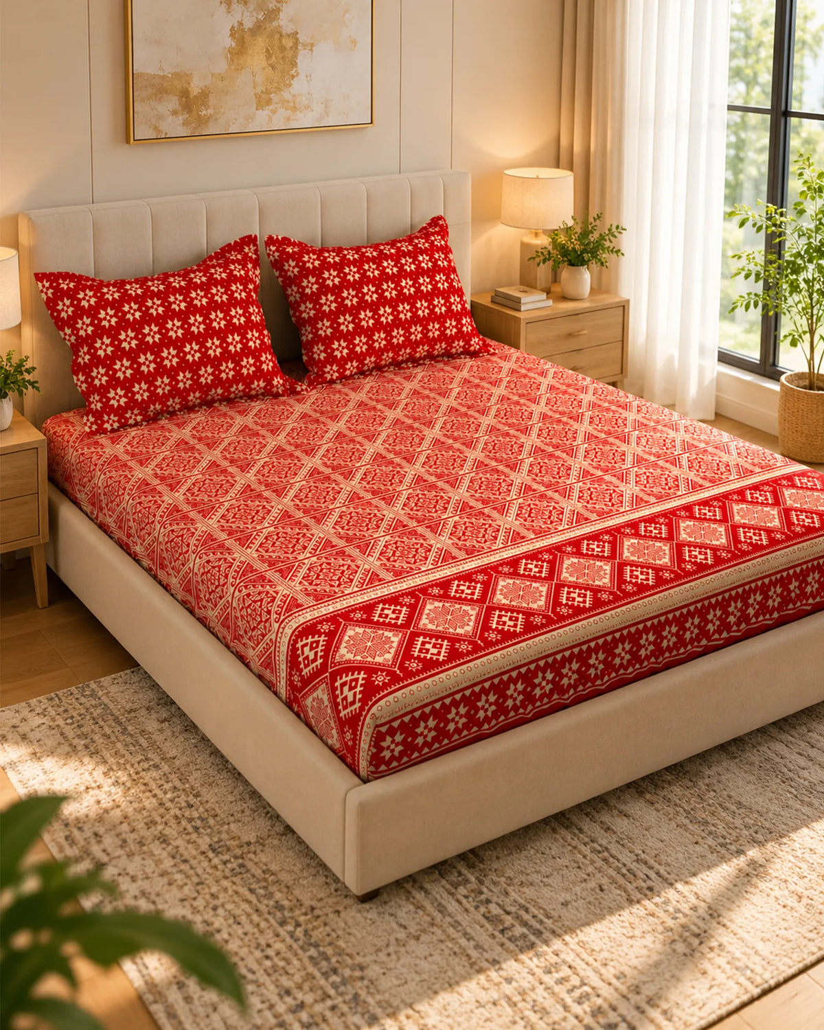 Xara Red Geometric Fitted Bed Sheet Set