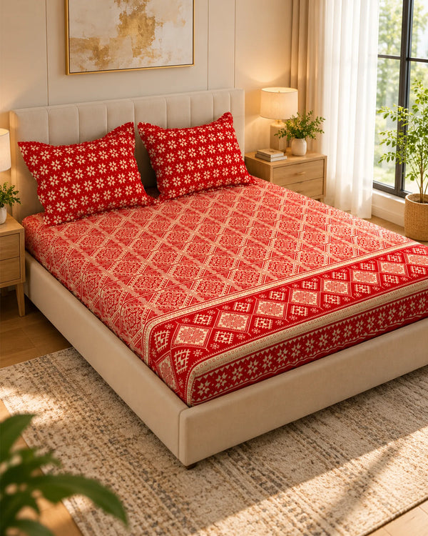 Xara Red Geometric Fitted Bed Sheet Set