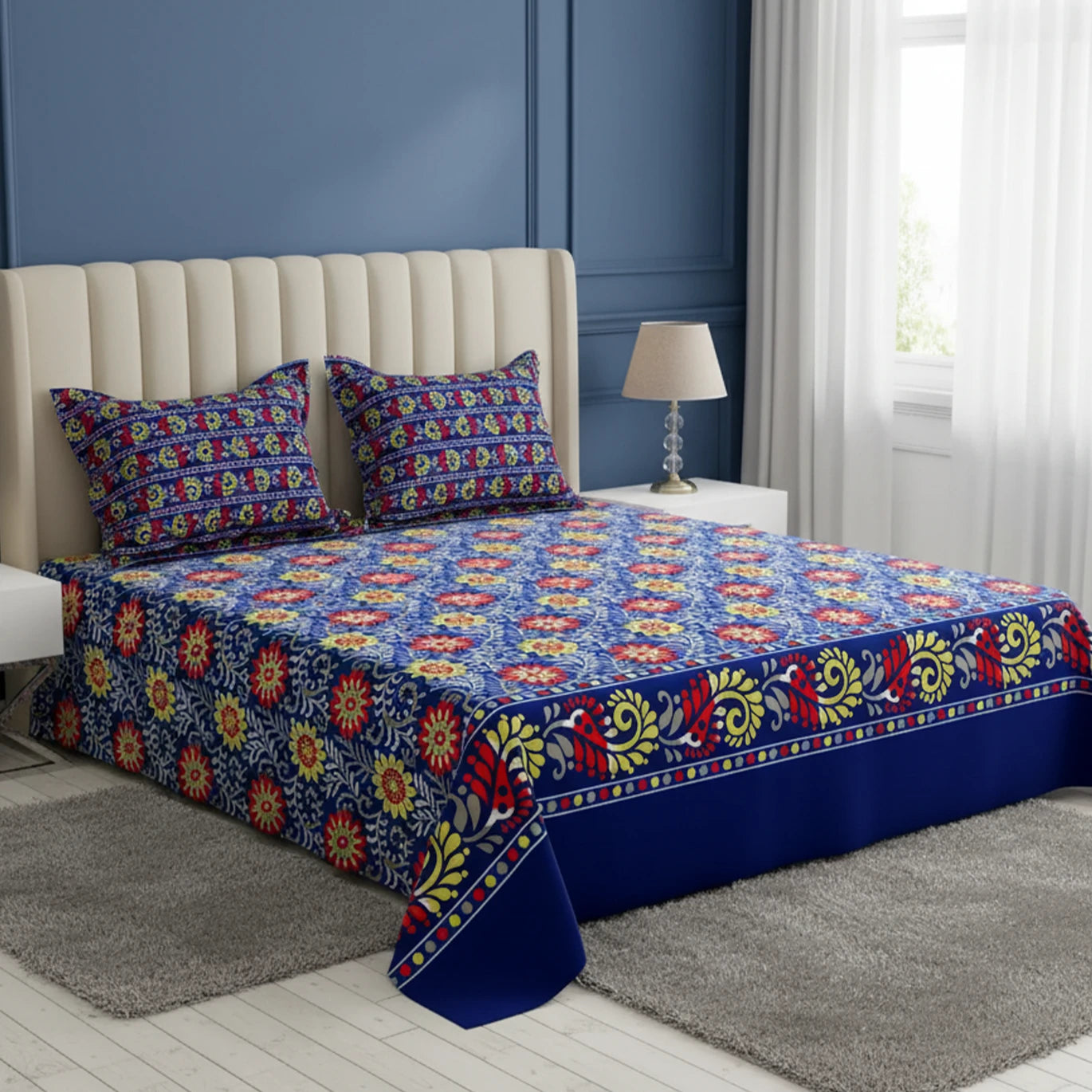 Xara Royal Blue Floral Bed Sheet Set - Xara 8699-8700