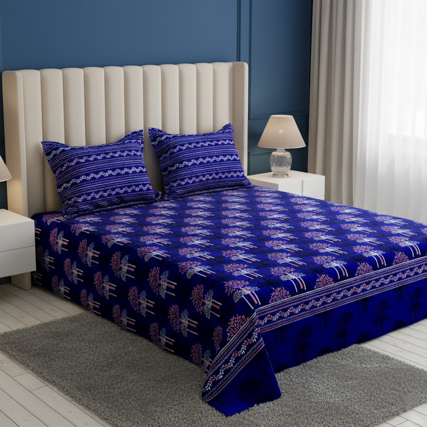 Xara Royal Blue Tree Motif/Grid Pattern Bed Sheet Set - 8679-8680
