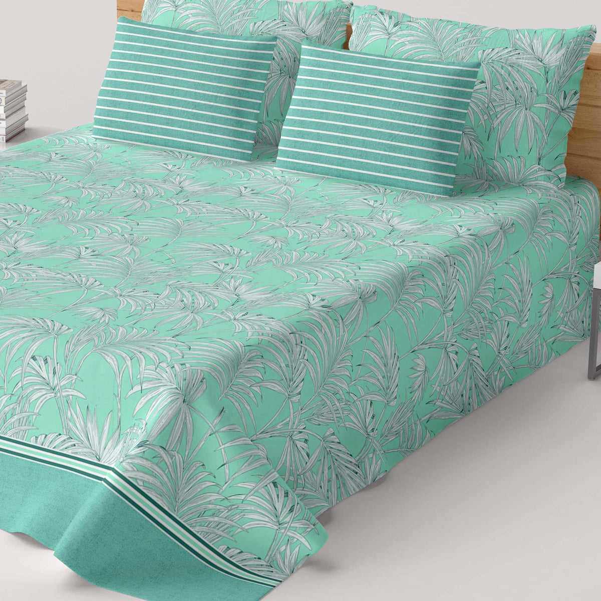 Xara Sage Green Leafy Bed Sheet Set - 8263-8264