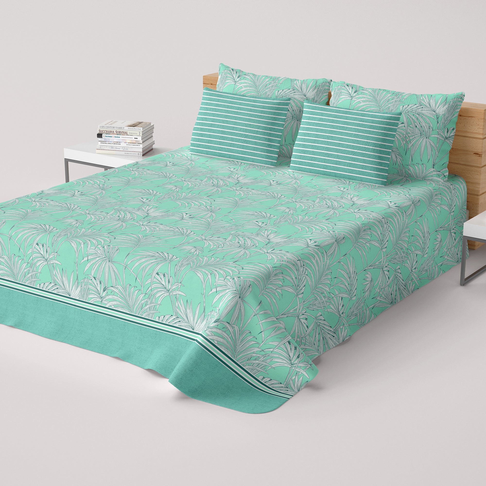 Xara Sage Green Leafy Bed Sheet Set - 8263-8264