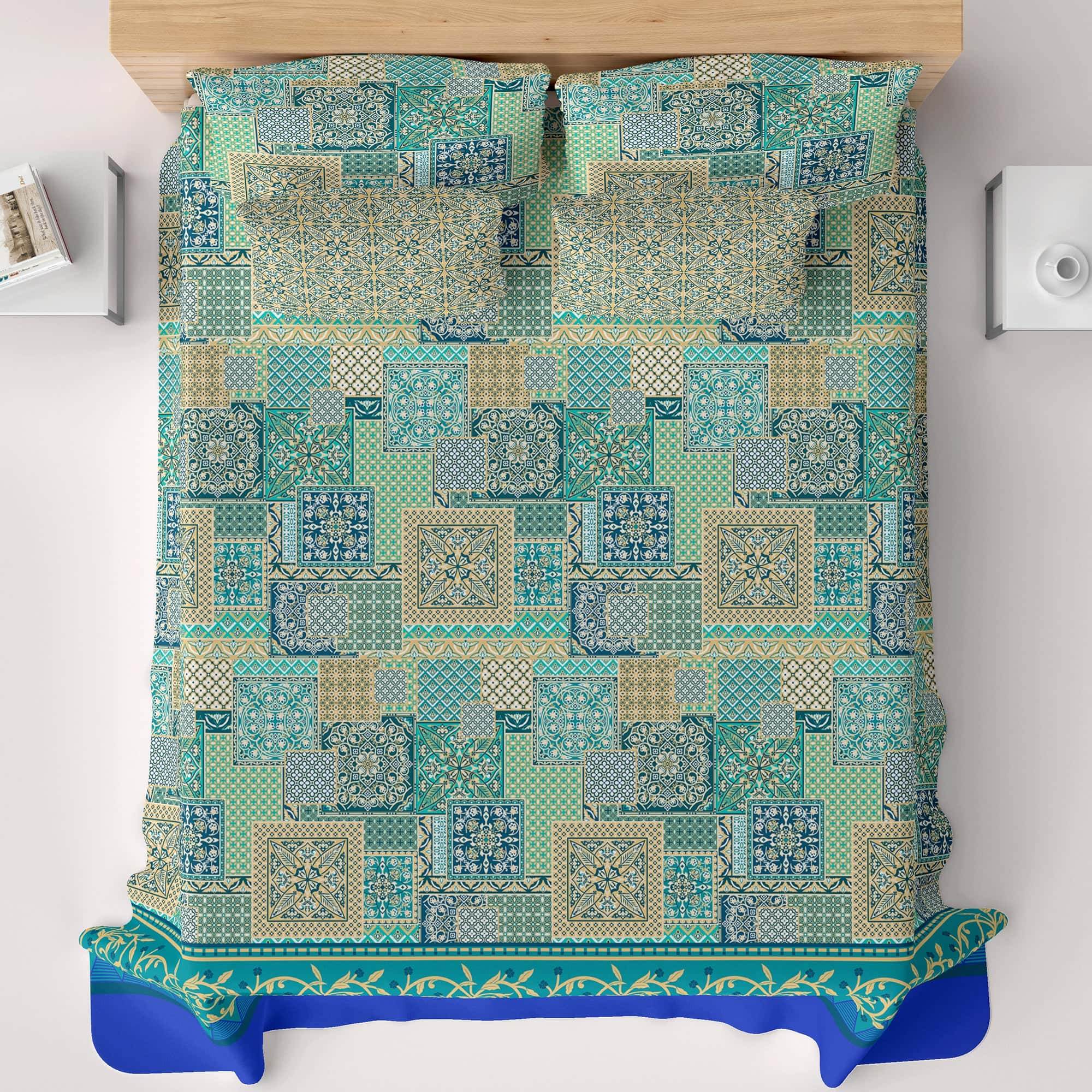 Xara Sea Green Floral Bed Sheet Set - 7198-7199