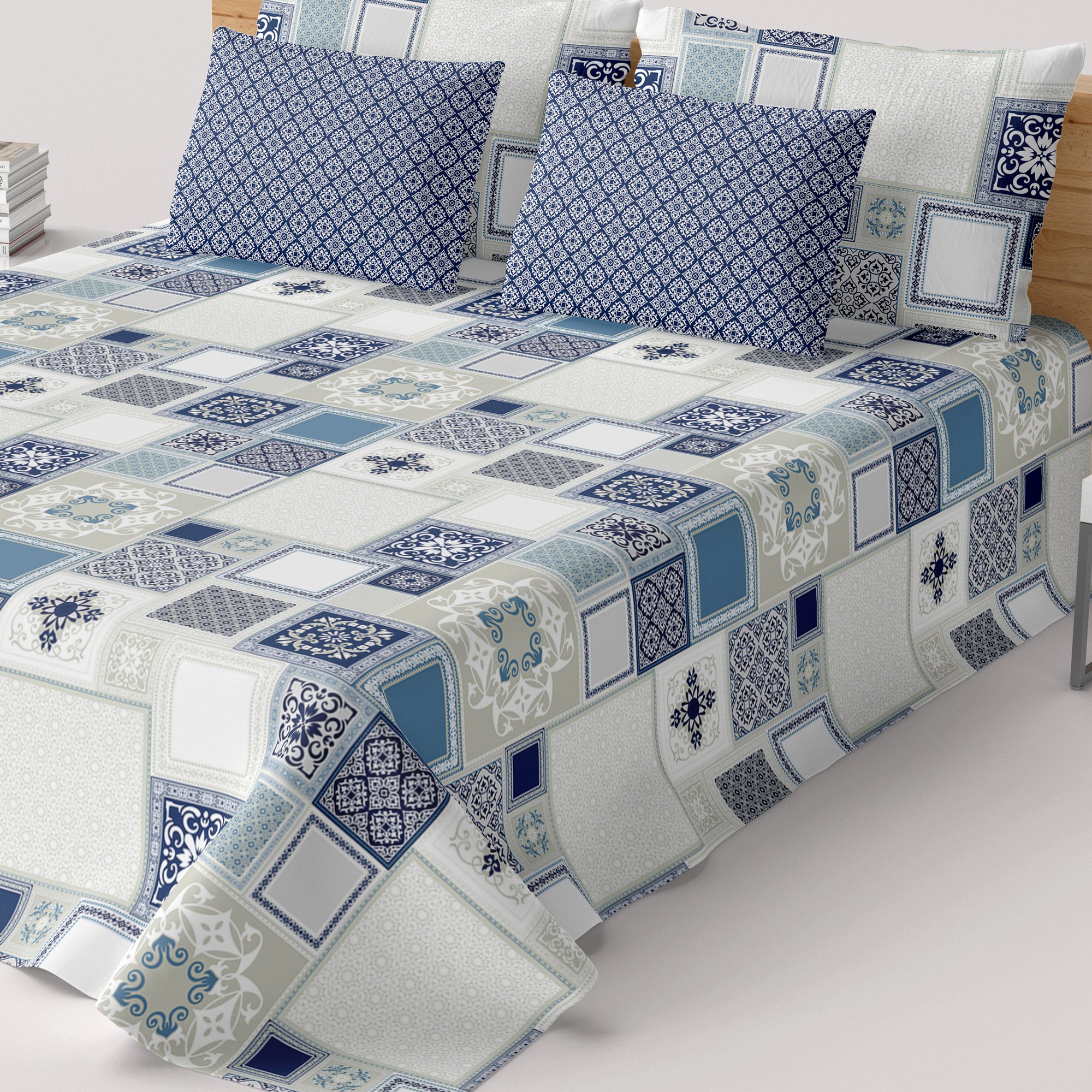 Xara Sky Blue Geometric Rhombus Floral Bed Sheet Set - 5708.5712