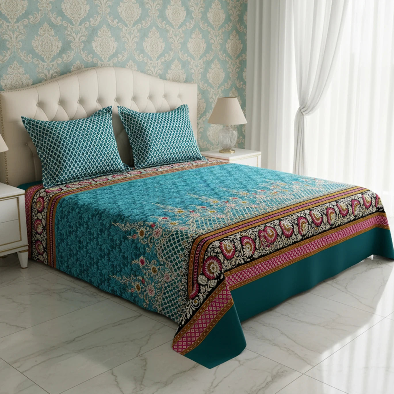 Xara Teal Floral Stripe Bed Sheet Set - 8481-82
