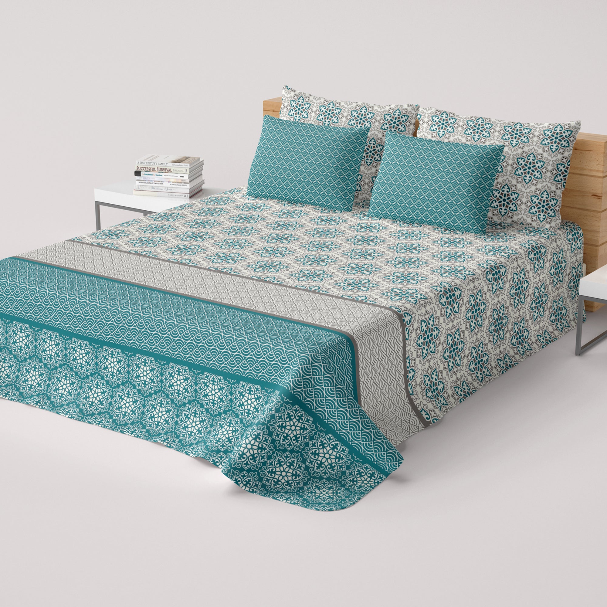 Xara Teal Floral Striped Border Bed Sheet Set - 8553-54