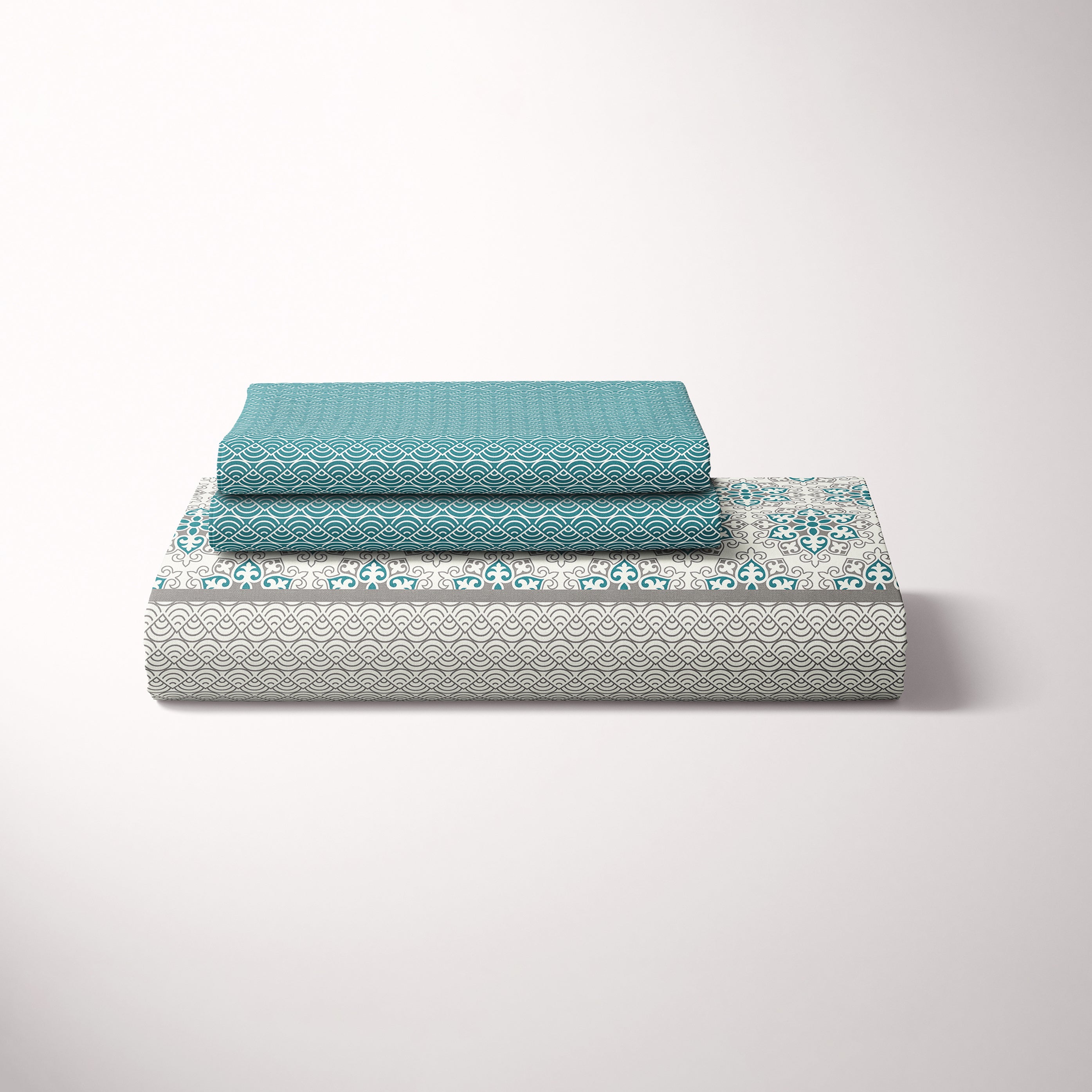 Xara Teal Floral Striped Border Bed Sheet Set - 8553-54