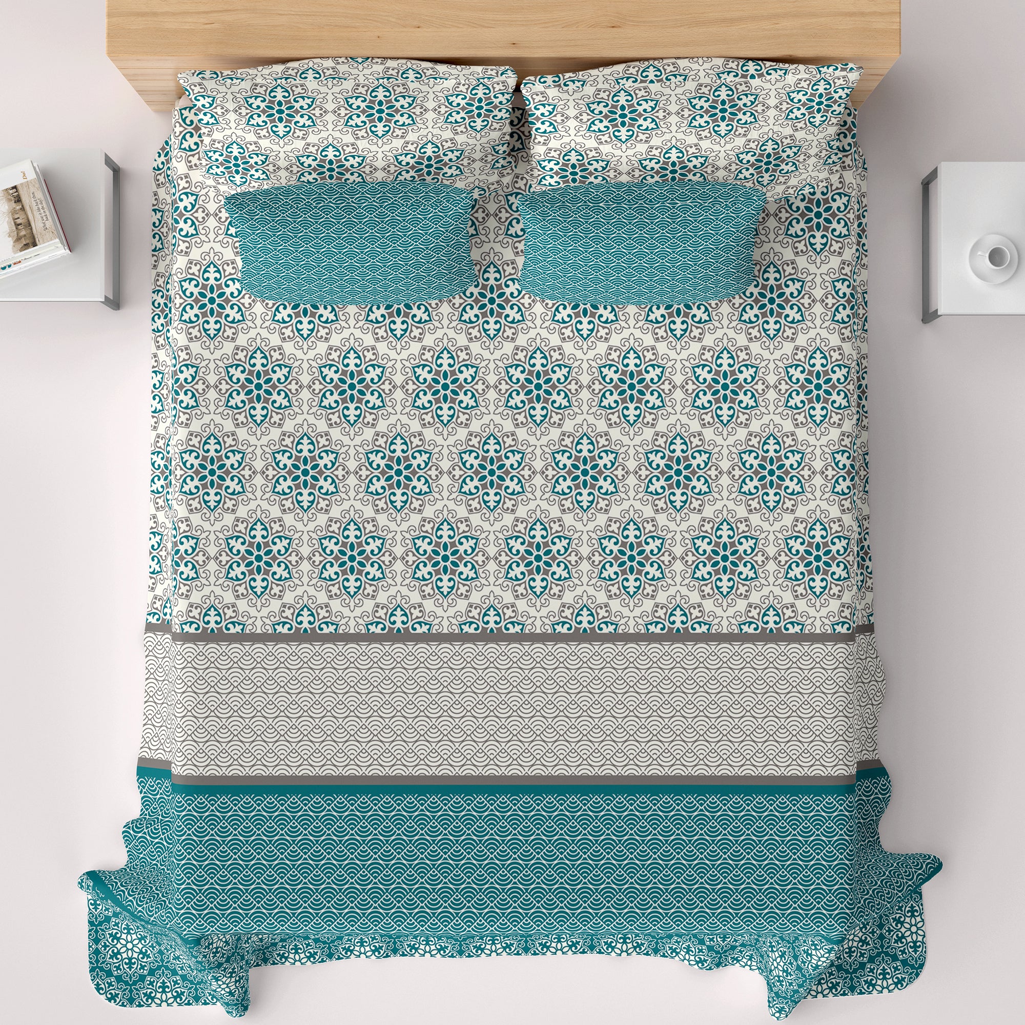 Xara Teal Floral Striped Border Bed Sheet Set - 8553-54