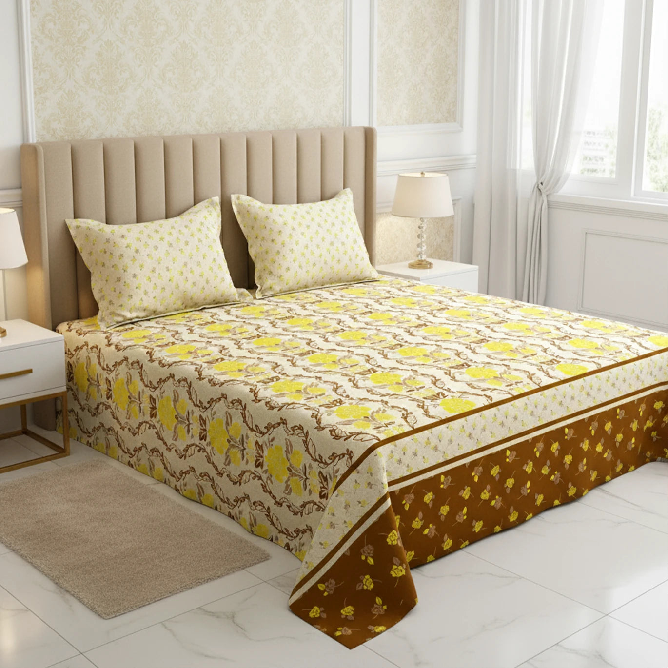 Xara White Geometric Floral Bed Sheet Set - 7575-7576