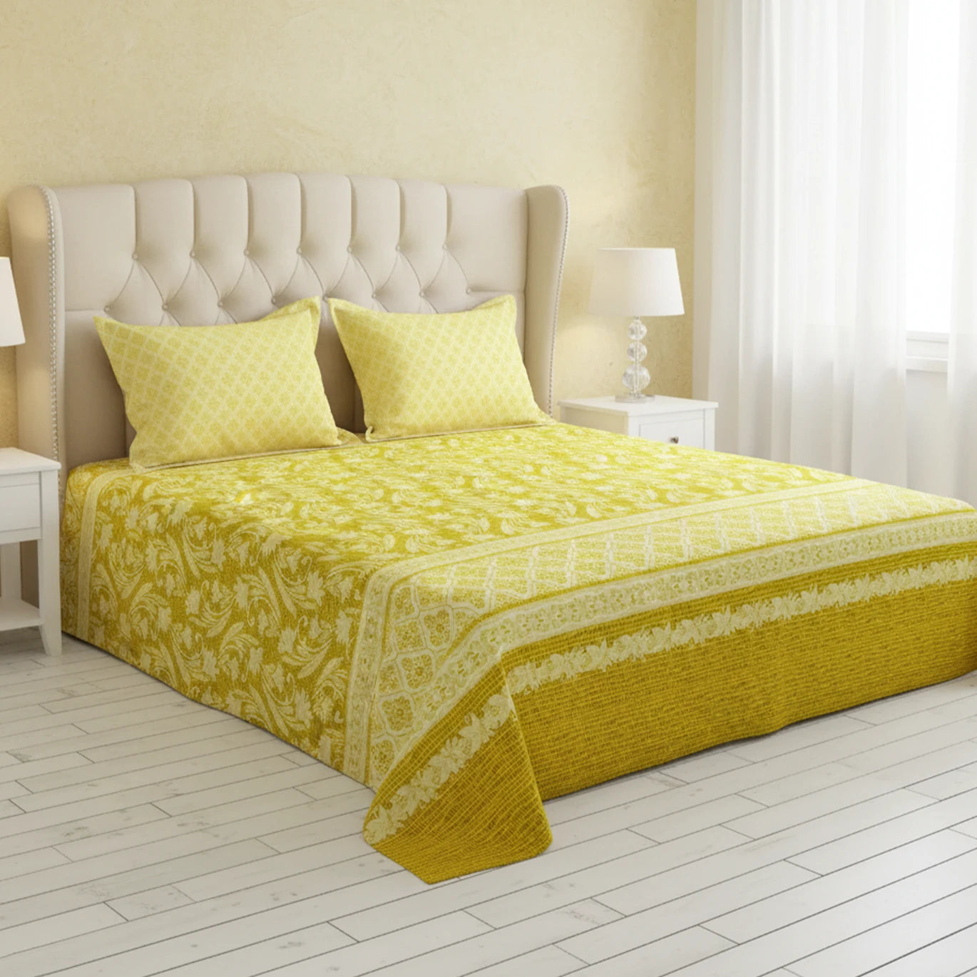 Xara Yellow Floral Striped Bed Sheet Set - 8539-40