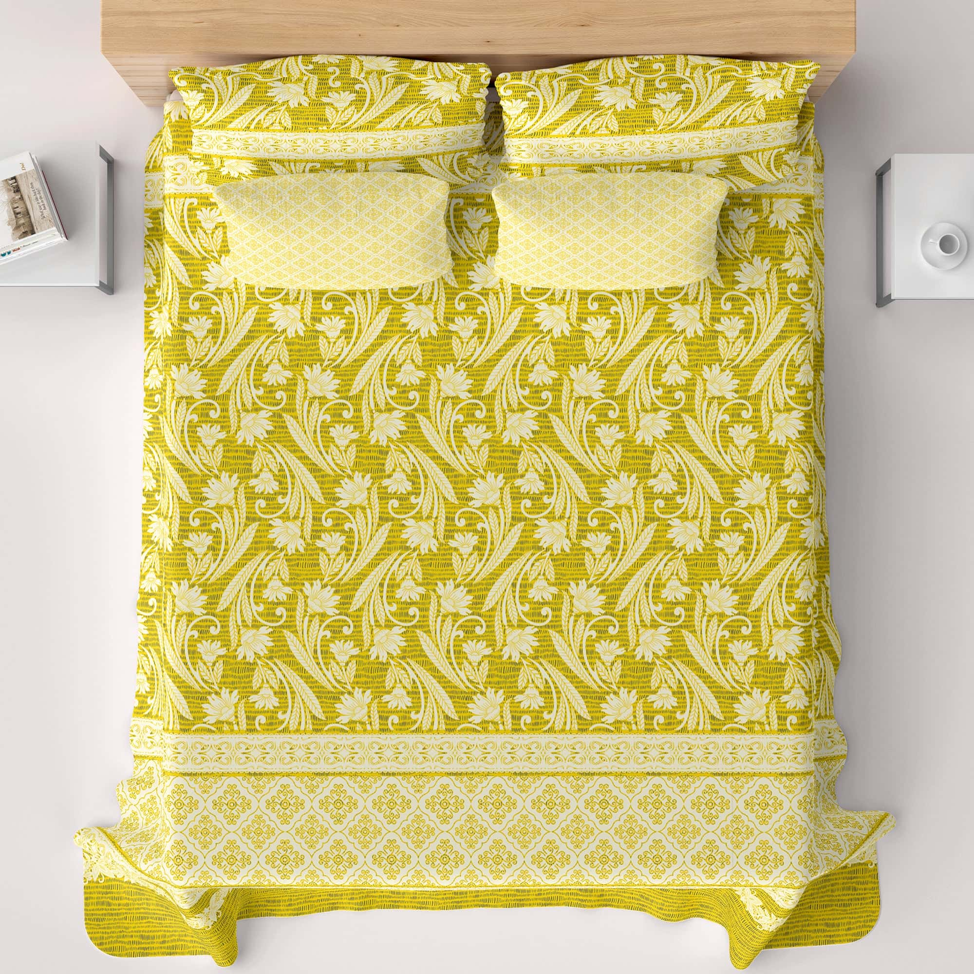 Xara Yellow Floral Striped Bed Sheet Set - 8539-40