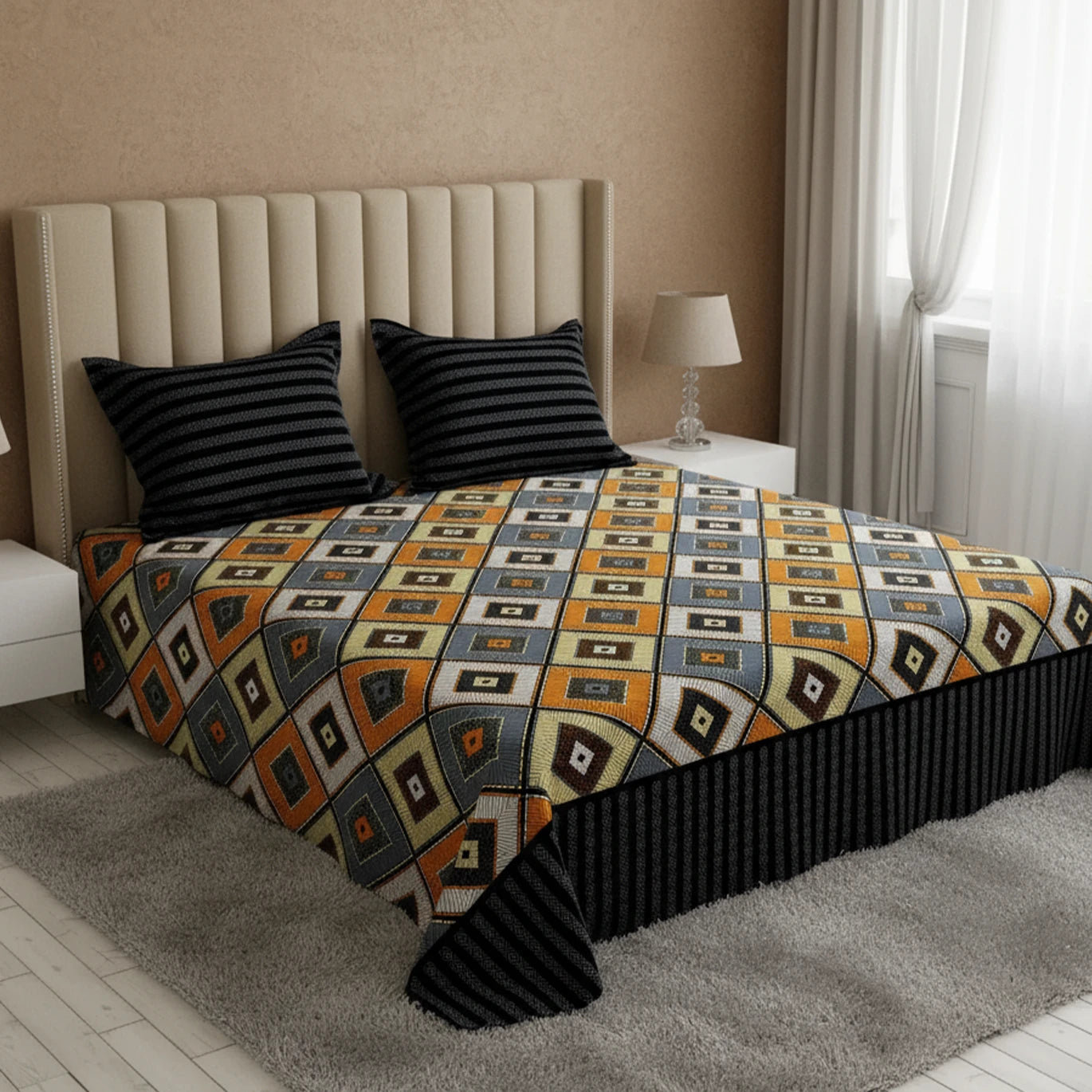 Xara Yellow Geometric Stripes Bed Sheet Set - Xara 8693-8694
