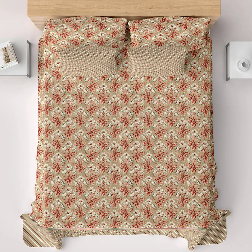 Xara Beige Cream Floral Stripes Bed Sheet Set