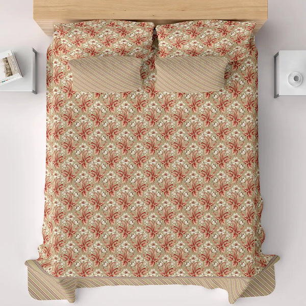 Xara Beige Cream Floral Stripes Bed Sheet Set