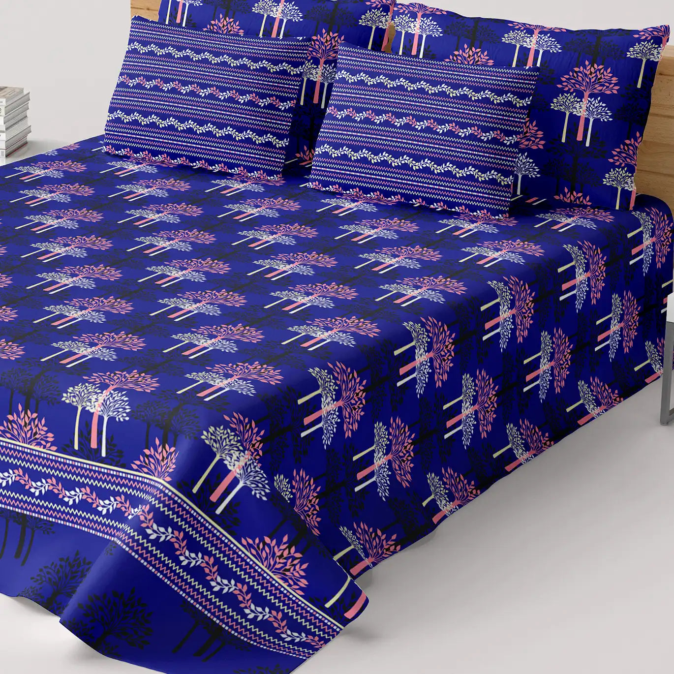Xara Royal Blue Tree Motif/Grid Pattern Bed Sheet Set - 8679-8680