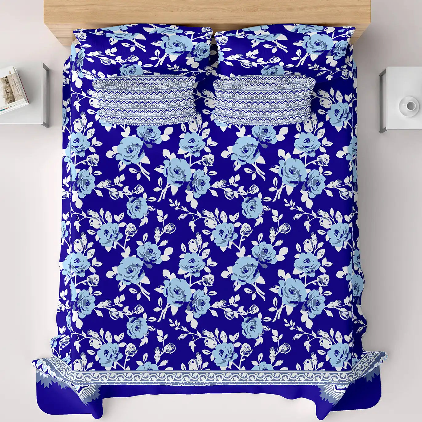 Xara Blue Floral Stripe Bed Sheet Set - 8403-04